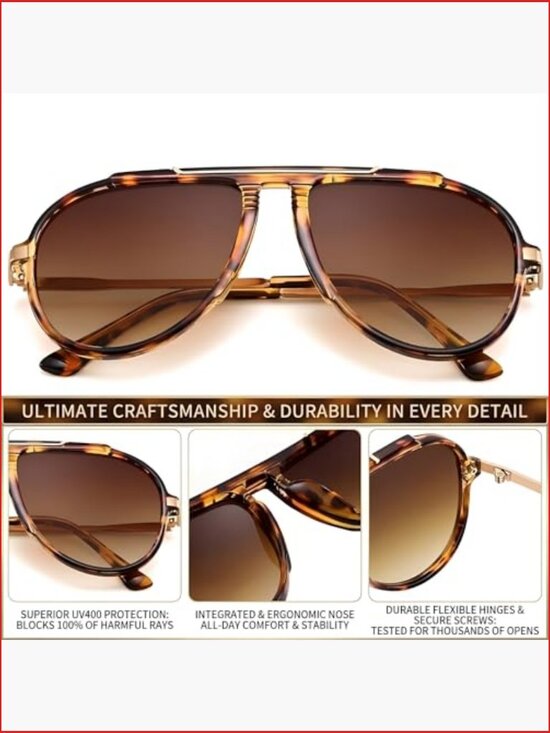 Oversized Square Aviator Sunglasses - Retro 70s Gold Metal Shades UV Protection